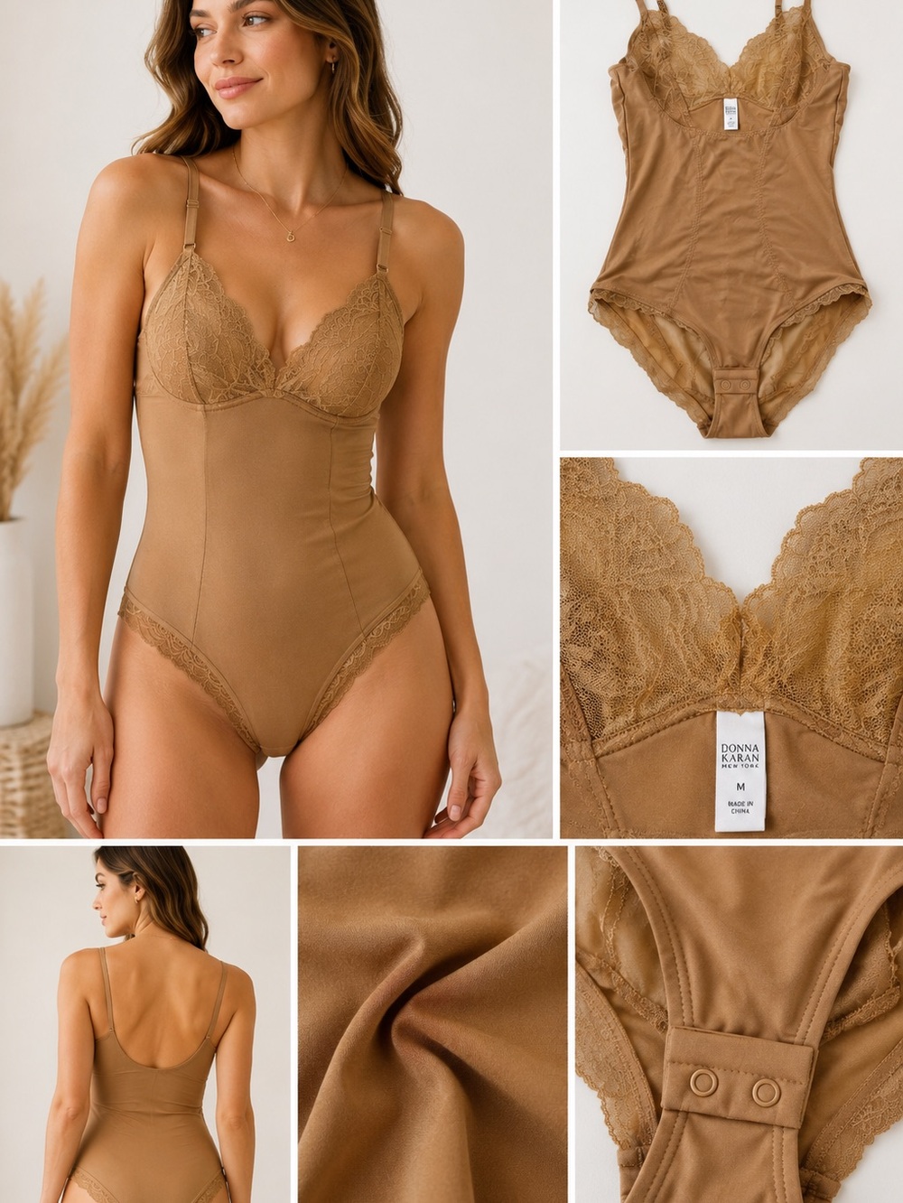 Donna Karan Vintage Tan Lace Bodysuit Shapewear Teddy